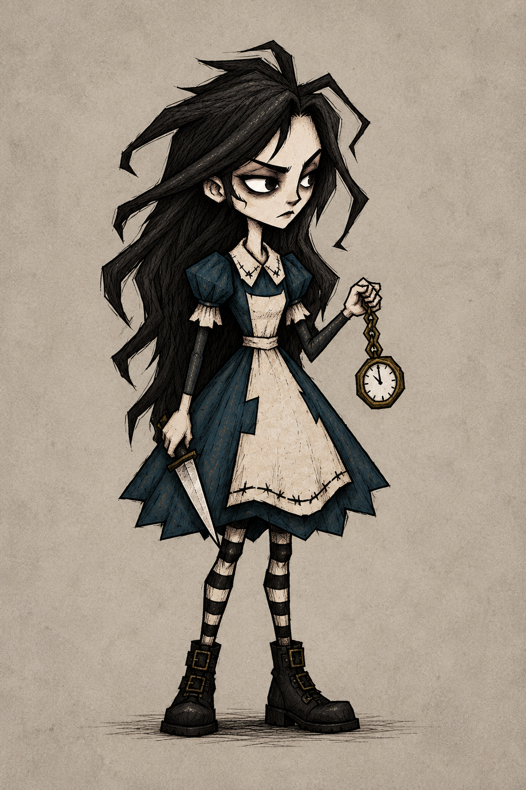 Alice character concept with a brass pocket watch and dark blue dress