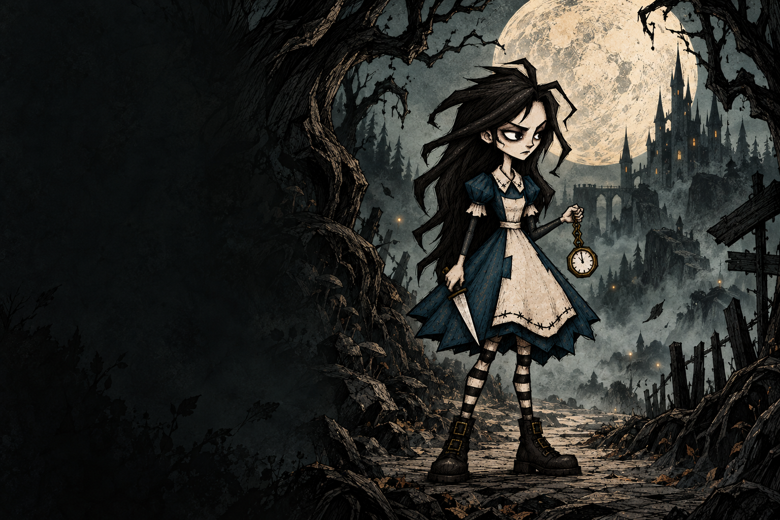 Promotional concept art of Alice in a crooked forest beneath a pale moon